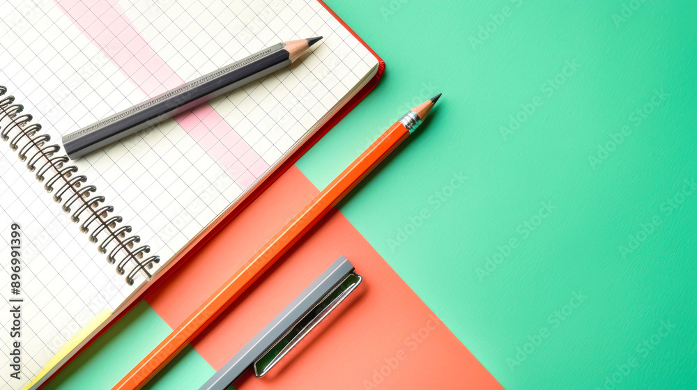 A notebook, pencils, and ruler lie on a bright and colorful desktop, ready for a new day of learning or work A notebook, pencils, and ruler lie on a bright and colorful desktop, ready for a new day of learning or work