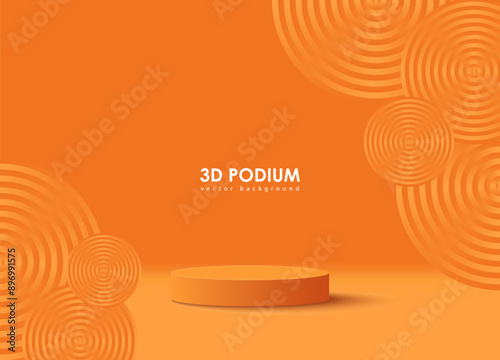 3D realistic orange cylinder product pedestal podium background. Minimal pattern wall scene mockup product stage showcase, Promotion display. Abstract vector geometric forms.