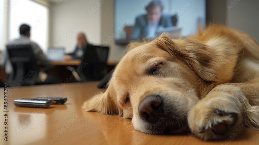 Golden retriever sleeping on a conference room table, adding a humorous touch to a professional setting. Golden retriever sleeping on a conference room table, adding a humorous touch to a professional setting.