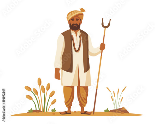 Traditional Indian farmer holding a trident staff in rural attire vector illustration