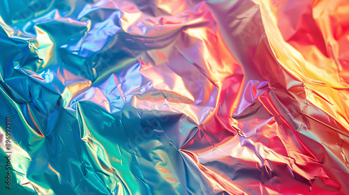 Abstract holographic gold type background, Gold foil paper background, holographic color wrinkled pearlescent foil. Holographic iridescent rainbow fabric abstract background.