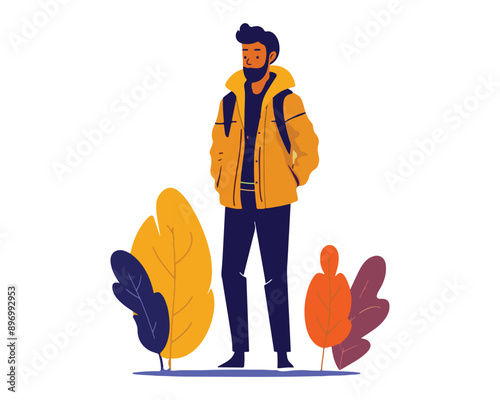 Man standing  with hands in pockets and scarf on white background vector illustration