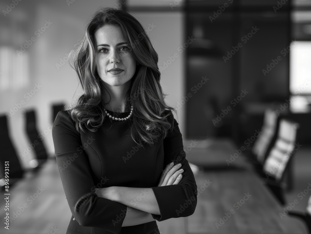 A focused and professional businesswoman with hands on her hips. A focused and professional businesswoman with hands on her hips.