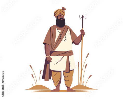 Traditional Indian farmer holding a trident staff in rural attire vector illustration