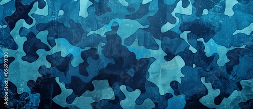 Panoramic close-up, high detail scan of blue camo pattern texture, Generative AI