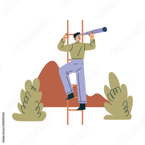 Look to Future with Man Character Climb Ladder with Telescope View Horizon Vector Illustration
