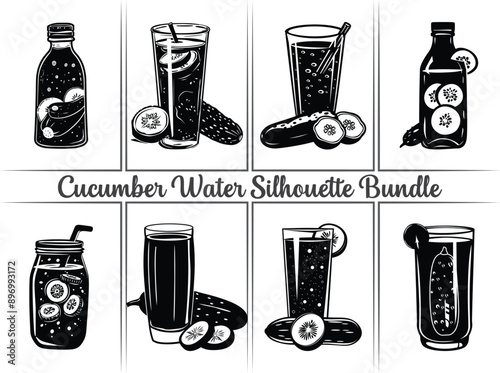 Cucumber water silhouette. A stylish set of icons featuring summer beverages in glass cups with straws, cucumber slices, and ice cubes. Perfect for pictograms, logos, and drink clipart elements.
