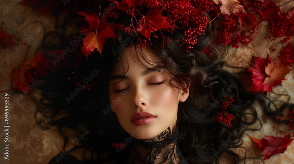 Woman With Dark Hair and Red Autumn Leaves