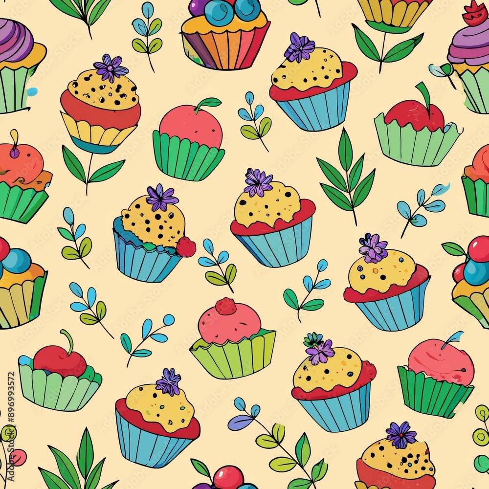 Seamless pattern of cupcakes with tiny edible flowers, Generative AI Seamless pattern of cupcakes with tiny edible flowers, Generative AI