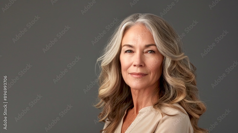 Portrait of a confident woman with long grey hair against a grey background. Classic and elegant style. Ideal for professional portraits, senior models, or beauty concepts. AI Portrait of a confident woman with long grey hair against a grey background. Classic and elegant style. Ideal for professional portraits, senior models, or beauty concepts. AI