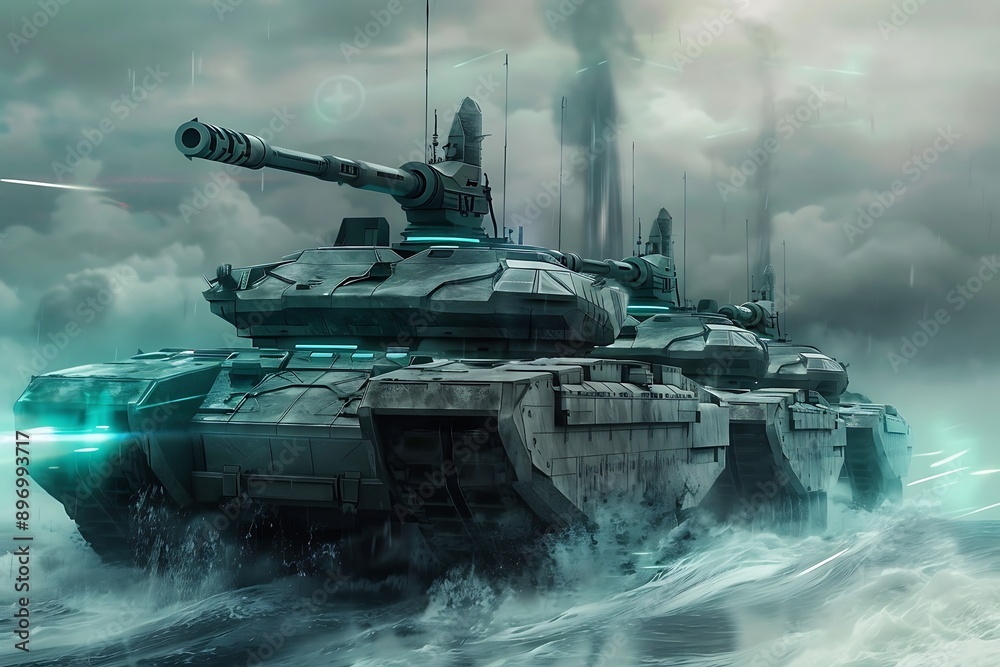 Fototapeta premium Futuristic Military Tank Navigating Rough Seas.