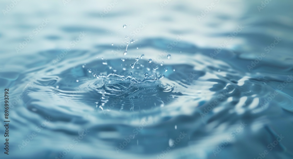 Exquisite Single Water Droplet Creating Perfect Ripples on Blue Serene Surface - Generative AI