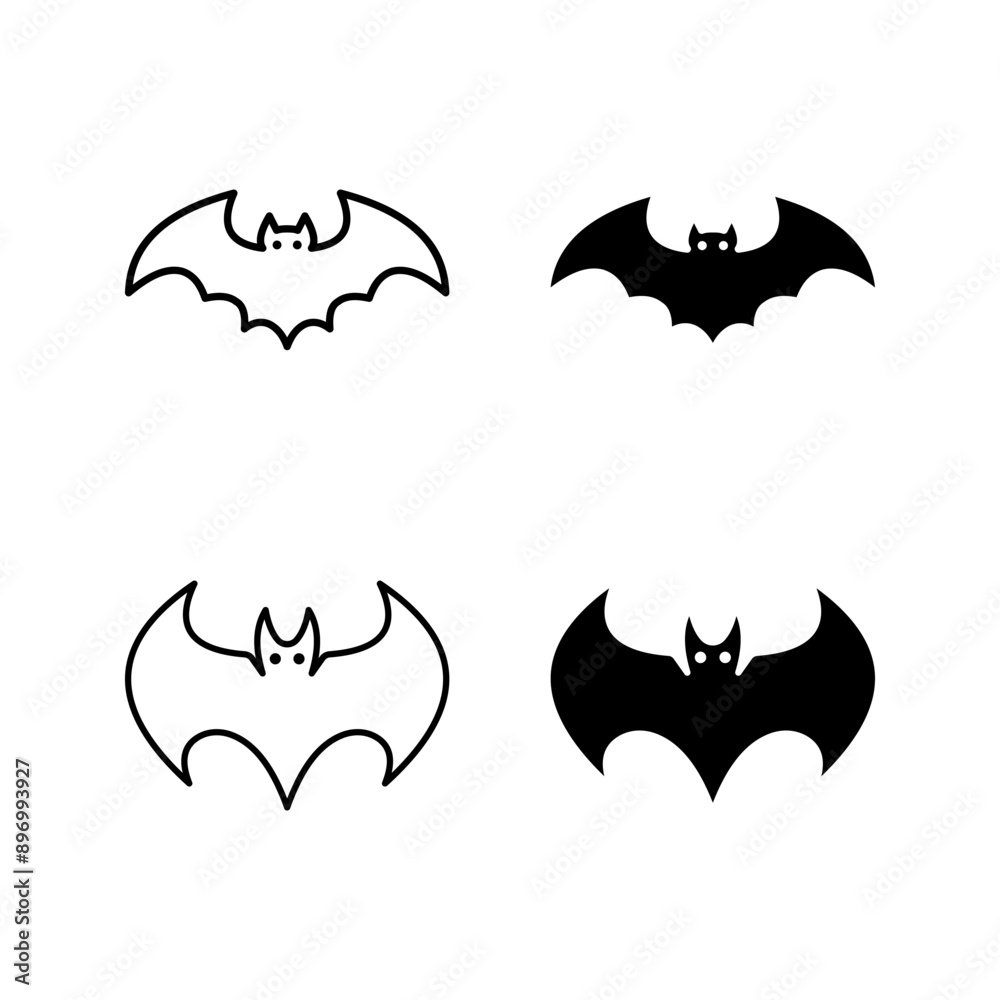Naklejka premium Dark silhouette of bat with open wings icon set. One of Halloween holiday colo editable