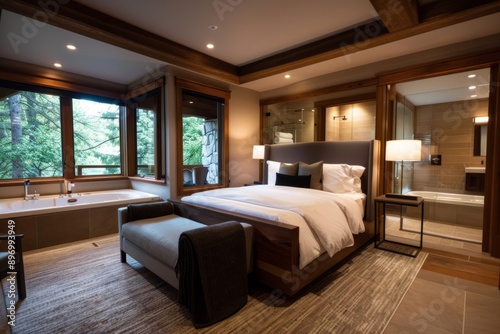 luxurious lodging showcases a suite with elegant furnishings and spa services, highlighting the opulent and relaxing amenities available for an indulgent stay.
