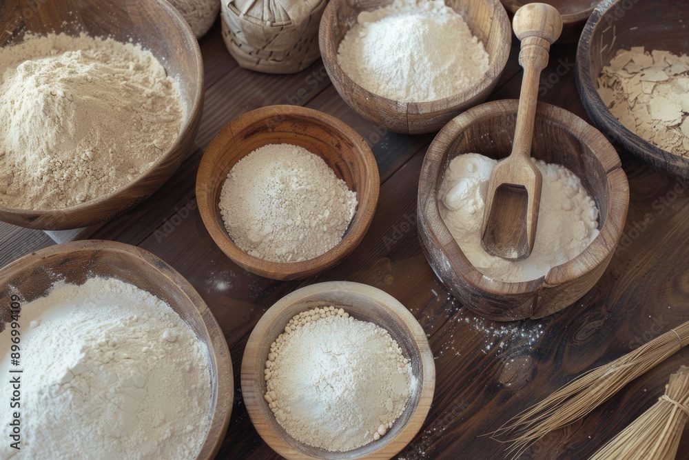 Fototapeta premium Variety of spices in wooden bowls, suggesting a kitchen setting with natural and organic ingredients.
