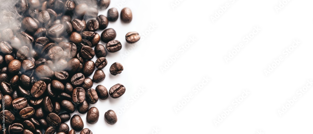 A coffee explosion with beans and steaming liquid bursting outward, banner, with copy space A coffee explosion with beans and steaming liquid bursting outward, banner, with copy space