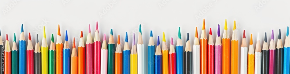 Colorful pencils arranged in an abstract wave pattern on white background, creating a colorful and playful border for educational or creative designs. Colorful pencils arranged in an abstract wave pattern on white background, creating a colorful and playful border for educational or creative designs.
