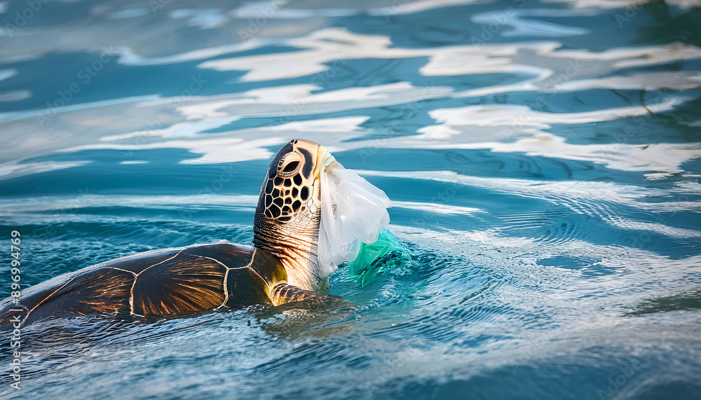 Turtle Garbage A sea turtle in the ocean with a plastic piece of garbage in its mouth ...