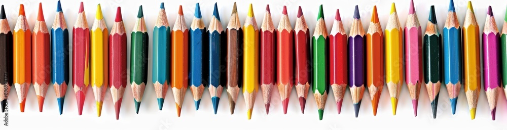 Colorful pencils arranged in an abstract wave pattern on white background, creating a colorful and playful border for educational or creative designs. Colorful pencils arranged in an abstract wave pattern on white background, creating a colorful and playful border for educational or creative designs.