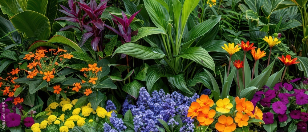 A mixed flower bed with diverse plantings, showcasing a colorful array of flowers and foliage for a dynamic and vibrant display, banner, with copy space A mixed flower bed with diverse plantings, showcasing a colorful array of flowers and foliage for a dynamic and vibrant display, banner, with copy space