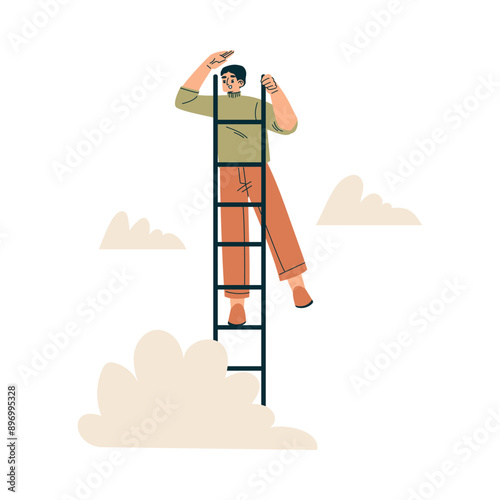 Look to Future with Man Character Climb Ladder View Horizon Vector Illustration