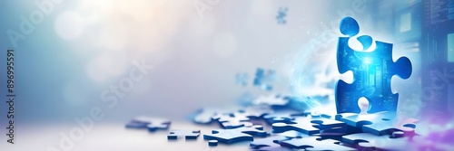 Puzzle in a digital futuristic style. Leadership concept, Business strategy, success digital solution, jigsaw games symbol. Creative idea, corporate mission concept
