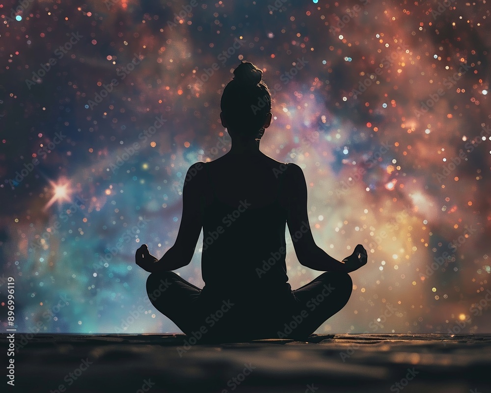 Meditation techniques for focus, over the shoulder, peaceful setting with constellations, ethereal, silhouette, quiet room backdrop Meditation techniques for focus, over the shoulder, peaceful setting with constellations, ethereal, silhouette, quiet room backdrop