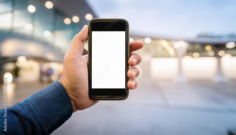 A hand holding a smartphone with a blank screen, set against a blurred urban background, ideal for mobile app displays. A hand holding a smartphone with a blank screen, set against a blurred urban background, ideal for mobile app displays.
