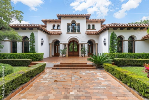 A Spanish Revival house with traditional Spanish tiles, showcasing arched doorways, wrought iron accents, and vibrant colors, banner, with copy space