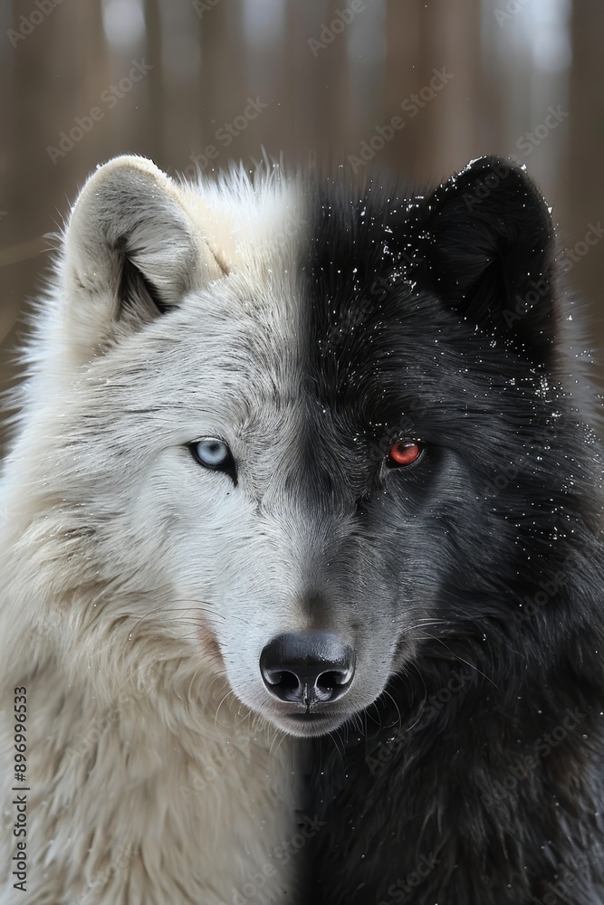 Wolf portrait white half with blue eyes, black half with red eyes for striking contrast Wolf portrait white half with blue eyes, black half with red eyes for striking contrast