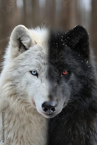Wolf portrait  white half with blue eyes, black half with red eyes for striking contrast