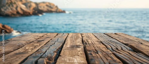 A wood table with a functional style overlooking a serene ocean view, emphasizing practicality and coastal beauty, banner, with copy space