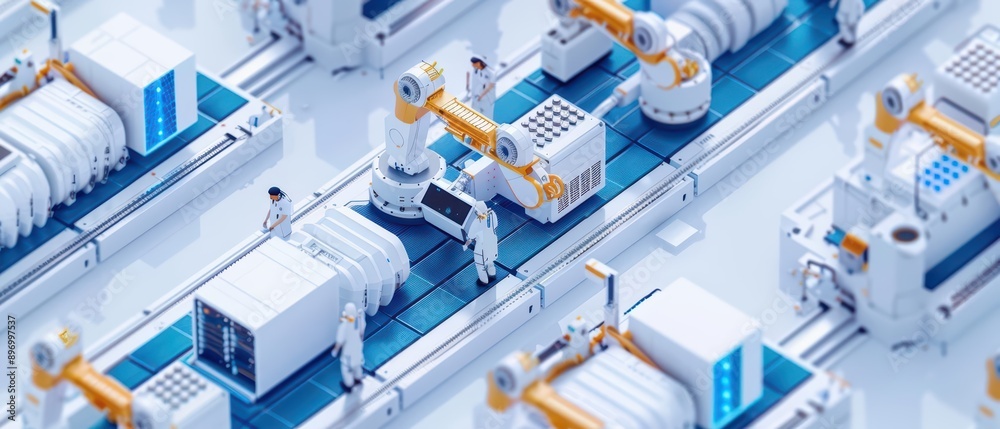 An electronics assembly plant with component integration, featuring detailed assembly lines and technicians working on complex electronic devices, banner, with copy space An electronics assembly plant with component integration, featuring detailed assembly lines and technicians working on complex electronic devices, banner, with copy space