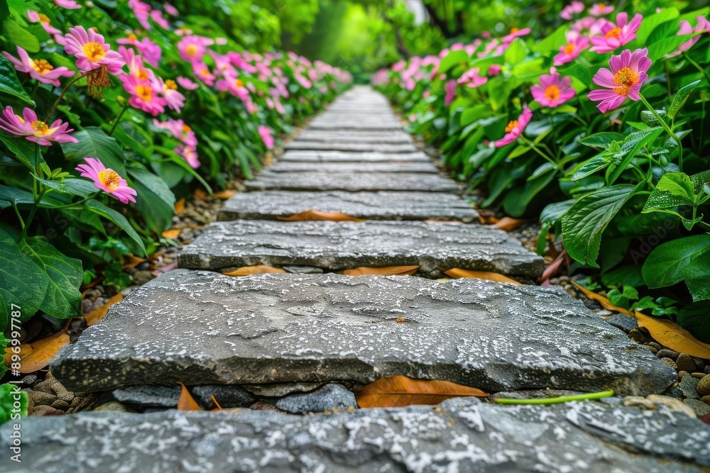 Garden pathway lined with blooming flowers, soft natural light, detailed textures, lush green foliage, taken from a low angle Garden pathway lined with blooming flowers, soft natural light, detailed textures, lush green foliage, taken from a low angle