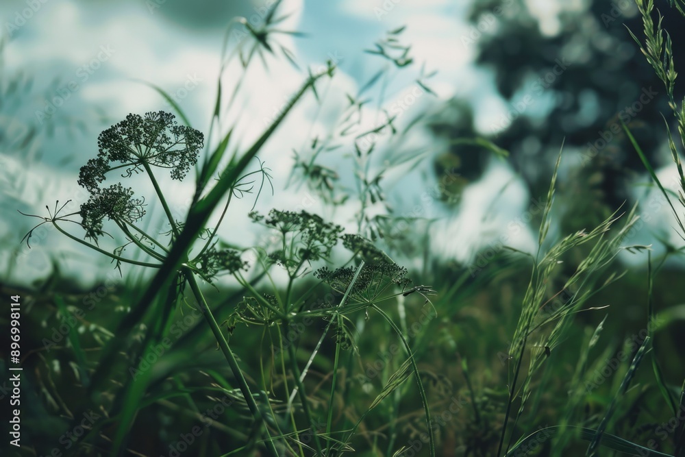 Green field with tall grass, wildflowers and weeds. Overcast sky. Natural meadow on a cloudy day. Green field with tall grass, wildflowers and weeds. Overcast sky. Natural meadow on a cloudy day.