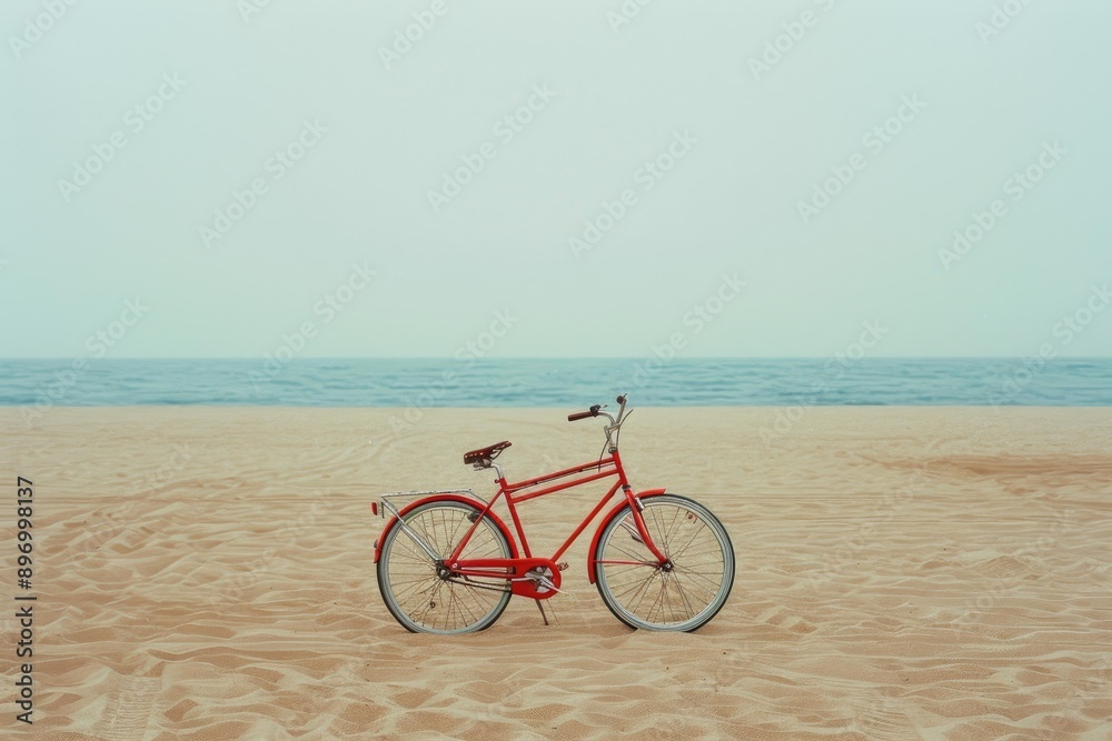 Fototapeta premium Red vintage bicycle standing on a beautiful sandy beach with the ocean in the background