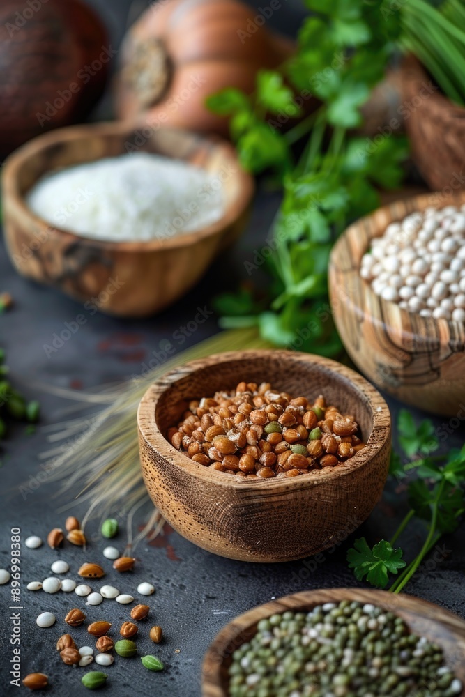 Variety of spices in wooden bowls on black background Variety of spices in wooden bowls on black background