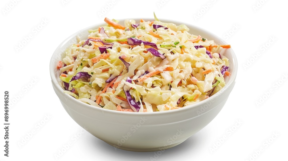 A close-up of a bowl filled with a fresh, colorful coleslaw salad. A close-up of a bowl filled with a fresh, colorful coleslaw salad.