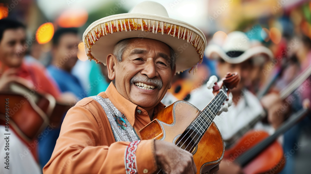 Smiling elderly musician wearing a traditional hat and playing a small guitar, performing in an outdoor musical ensemble. Smiling elderly musician wearing a traditional hat and playing a small guitar, performing in an outdoor musical ensemble.