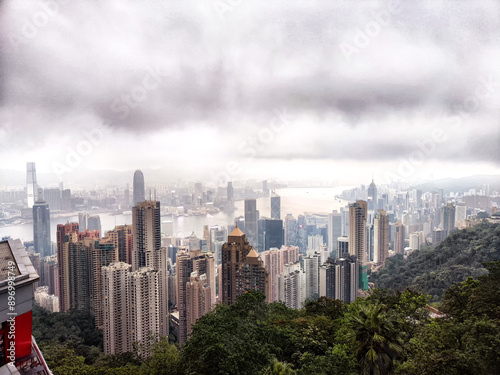 A panoramic view of Hong Kong's iconic skyscrapers from above, partially obscured by lush greenery and a hazy sky