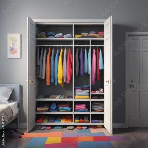 Room, there is a wardrobe with clothes