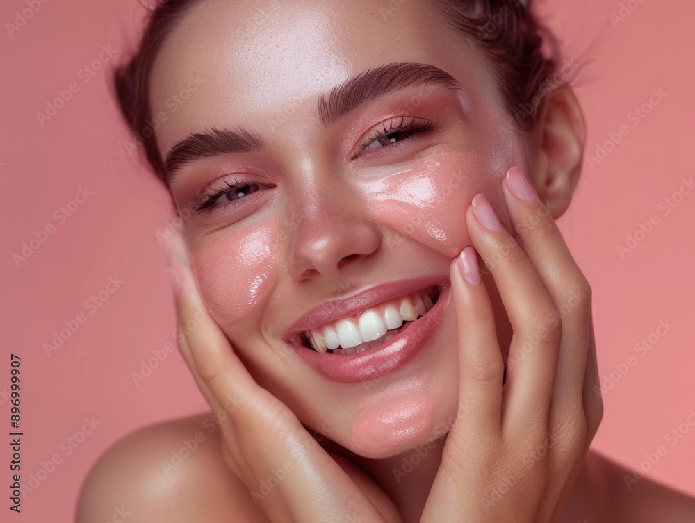 Beautiful woman smiling, applying face mask, pink background. Beautiful woman smiling, applying face mask, pink background.