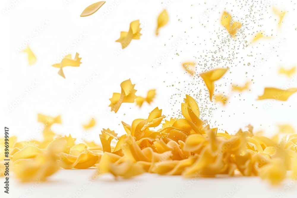 A pile of raw farfalle pasta sits on a white background as more pieces of pasta gracefully fall around it. Generative AI A pile of raw farfalle pasta sits on a white background as more pieces of pasta gracefully fall around it. Generative AI