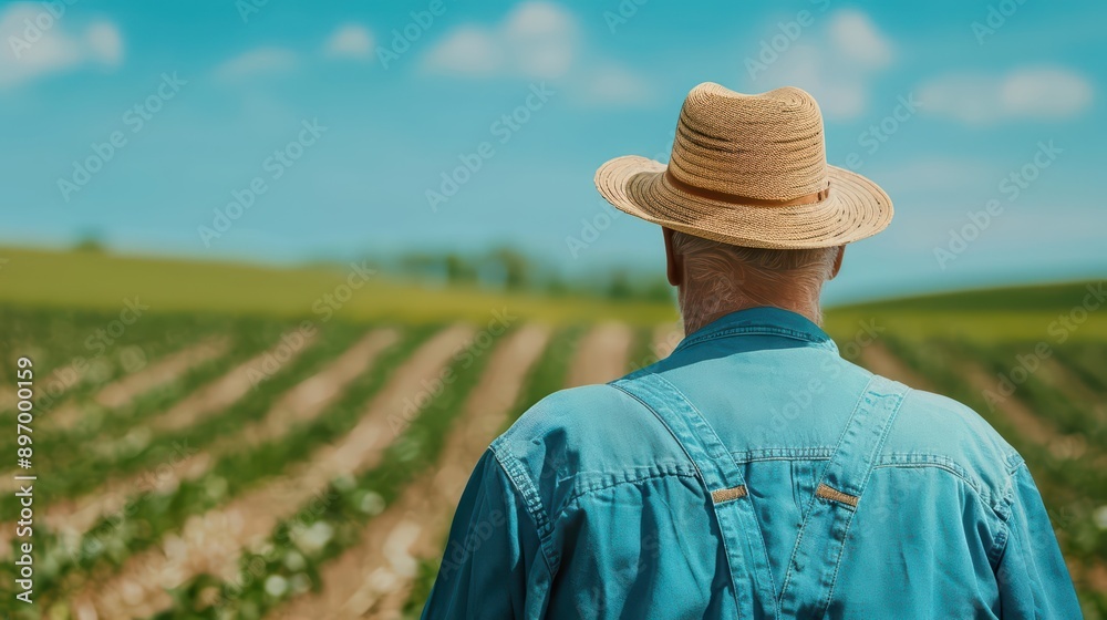 Obraz premium Farmer Style Denim Overalls Plowing Field in Farm Concept A hardworking farmer in denim overalls