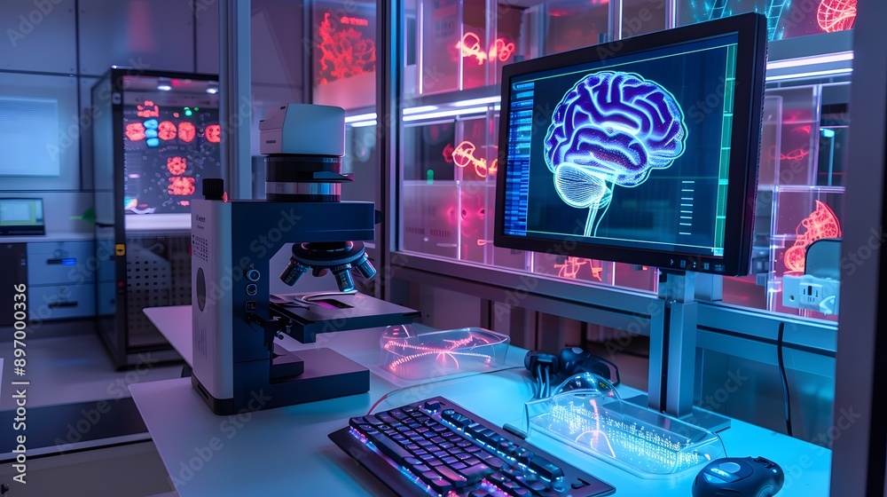 Modern Laboratory with Brain Image and Microscope Modern Laboratory with Brain Image and Microscope