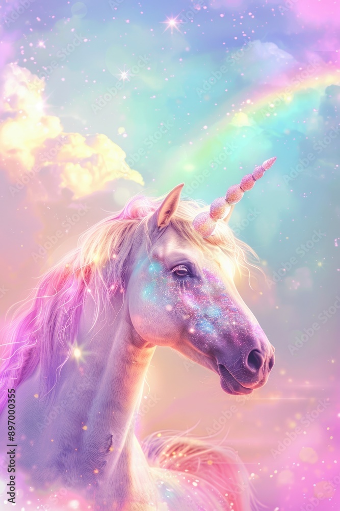 A majestic purple unicorn stands against a backdrop of dreamy clouds and rainbow sparkles, creating a whimsical fantasy scene. A majestic purple unicorn stands against a backdrop of dreamy clouds and rainbow sparkles, creating a whimsical fantasy scene.