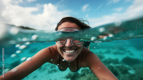 A person swimming underwater with swim goggles on, smiling and partially submerged. The waterline divides the underwater scene from the sky above.