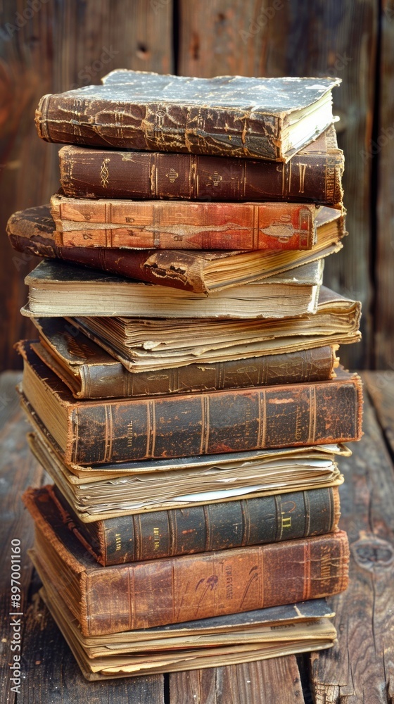 Antique books stacked on a wooden surface Antique books stacked on a wooden surface