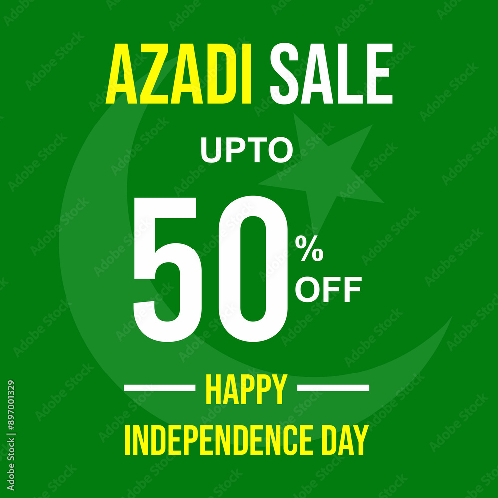 Fototapeta premium Azadi sale upto 50% off discount banner design with Pakistani flag in background. Happy Independence Day fourteen of August Pakistan national holiday vector illustration.