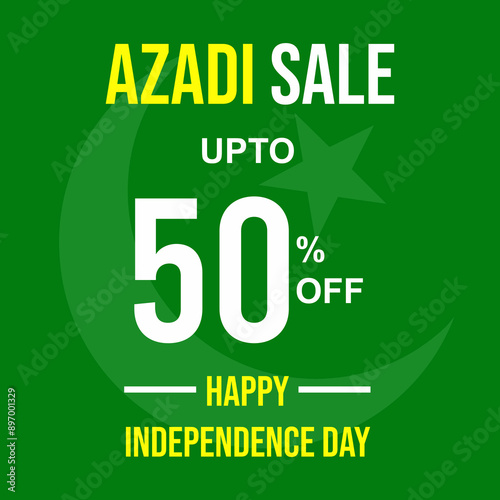 Azadi sale upto 50% off discount banner design with Pakistani flag in background. Happy Independence Day fourteen of August Pakistan national holiday vector illustration.